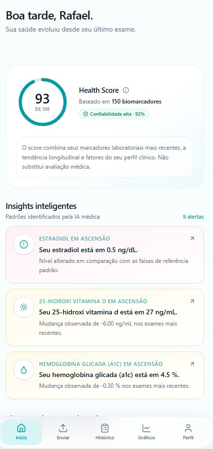 Tela inicial do app iExame: Health Score 93 de 100 baseado em 150 biomarcadores, com insights de saúde identificados pela IA médica.